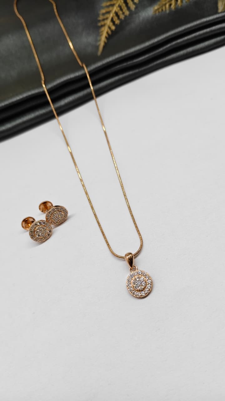 925 Silver Rose Gold Colour White Stone Double Round Design Chain Pendant Set With Earrings