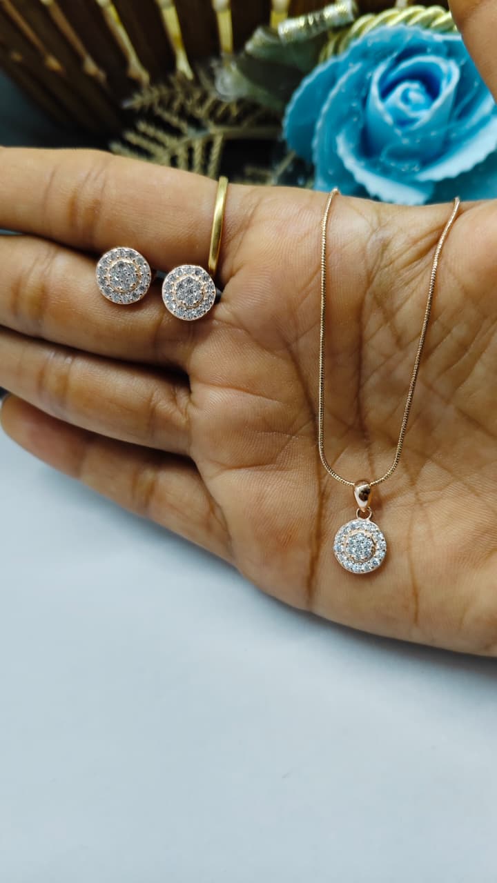 925 Silver Rose Gold Colour White Stone Double Round Design Chain Pendant Set With Earrings