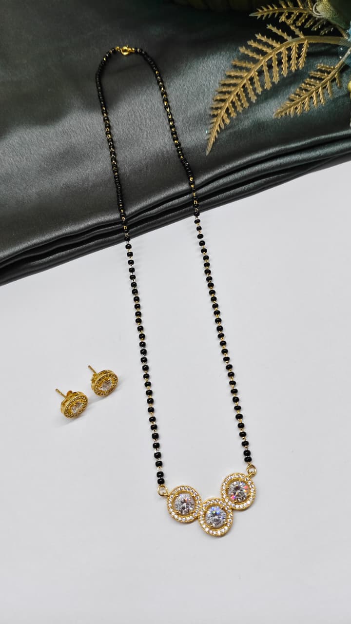 925 Silver Gold Colour 3 White Stone Design Mangalsutra Black Beads Necklace Set