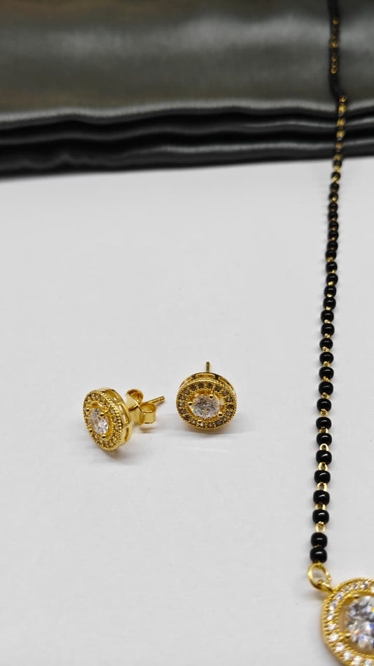 925 Silver Gold Colour 3 White Stone Design Mangalsutra Black Beads Necklace Set