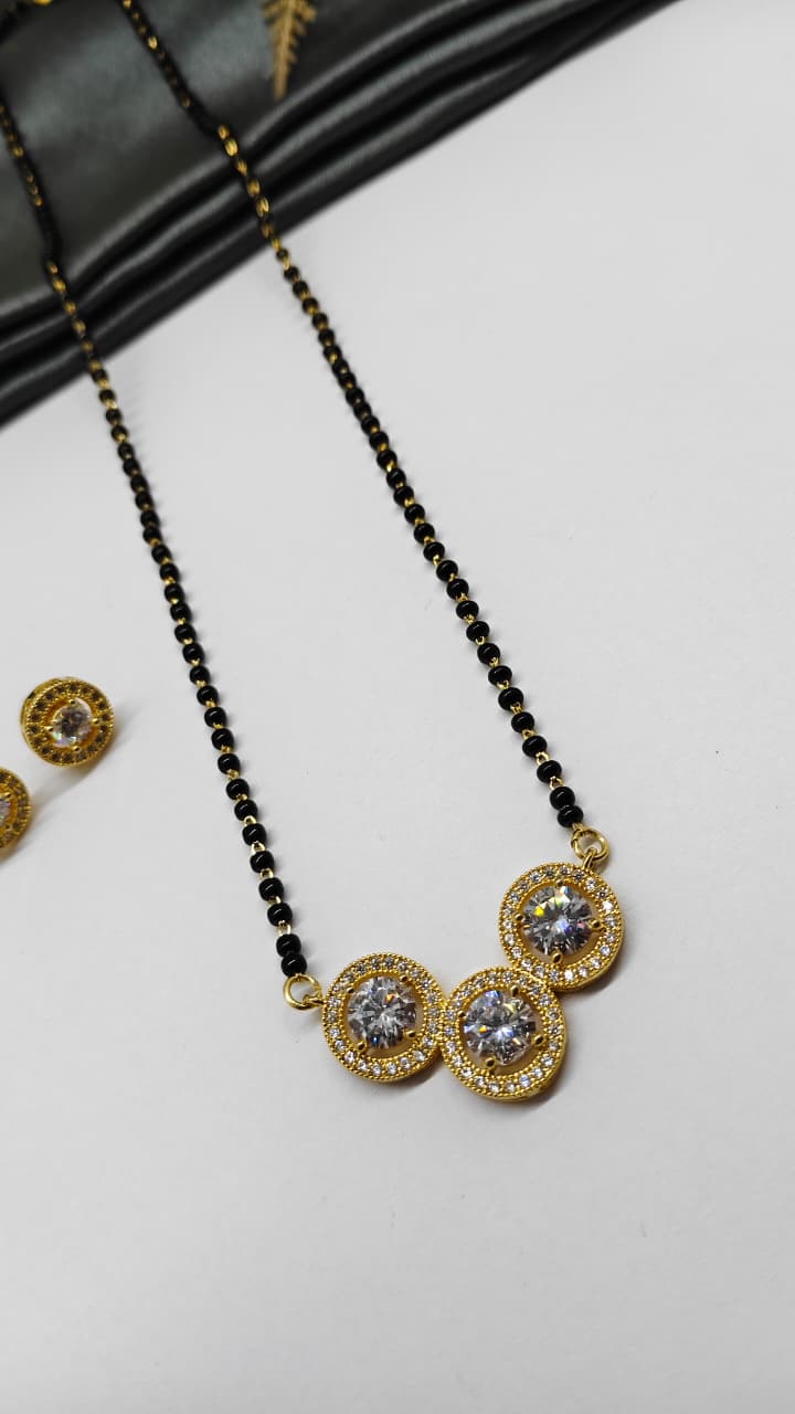 925 Silver Gold Colour 3 White Stone Design Mangalsutra Black Beads Necklace Set