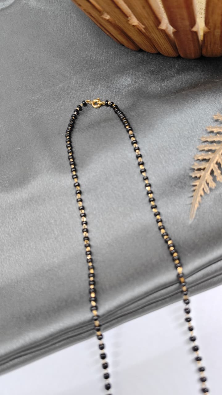 925 Silver Gold Colour 3 White Stone Design Mangalsutra Black Beads Necklace Set