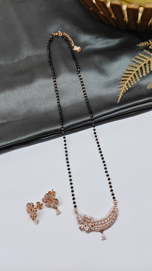925 Silver Rose Gold White Stone Design Mangalsutra Black Beads Necklace Set