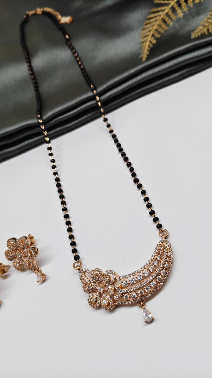 925 Silver Rose Gold White Stone Design Mangalsutra Black Beads Necklace Set