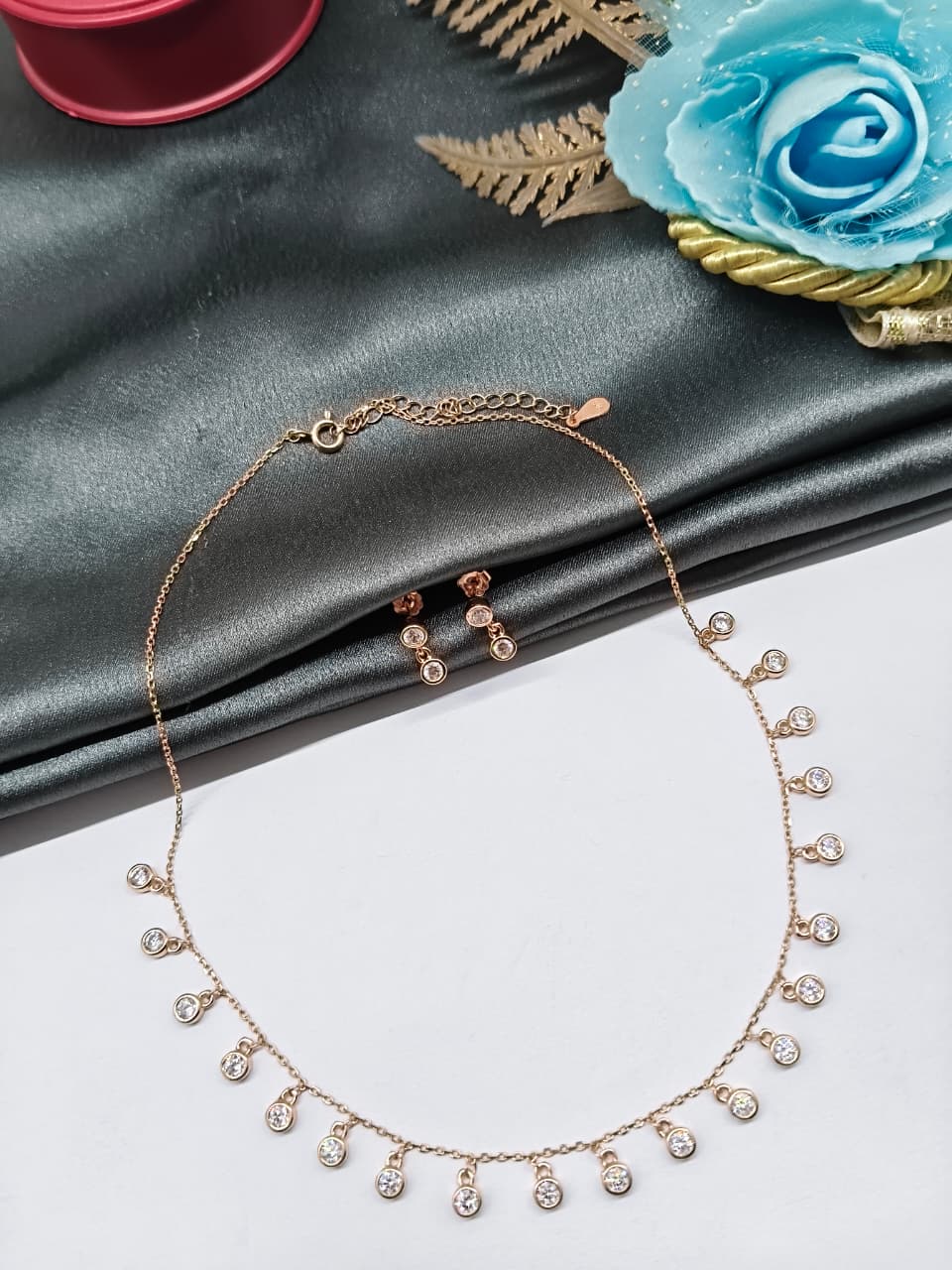925 Silver Rose Gold Colour White Stone Drops Hanging Design Necklace Set