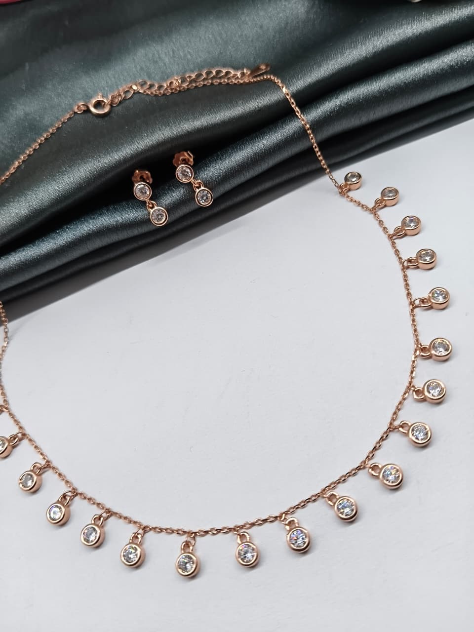 925 Silver Rose Gold Colour White Stone Drops Hanging Design Necklace Set