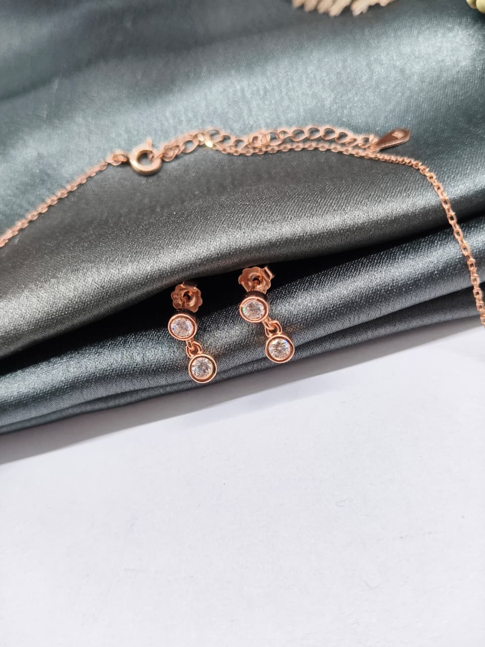 925 Silver Rose Gold Colour White Stone Drops Hanging Design Necklace Set