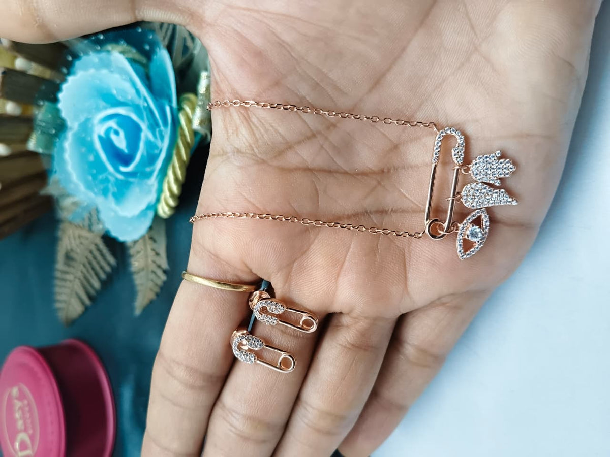 925 Silver Rose Gold Colour Pin With Charms Hanging Design White Stone Necklace Set