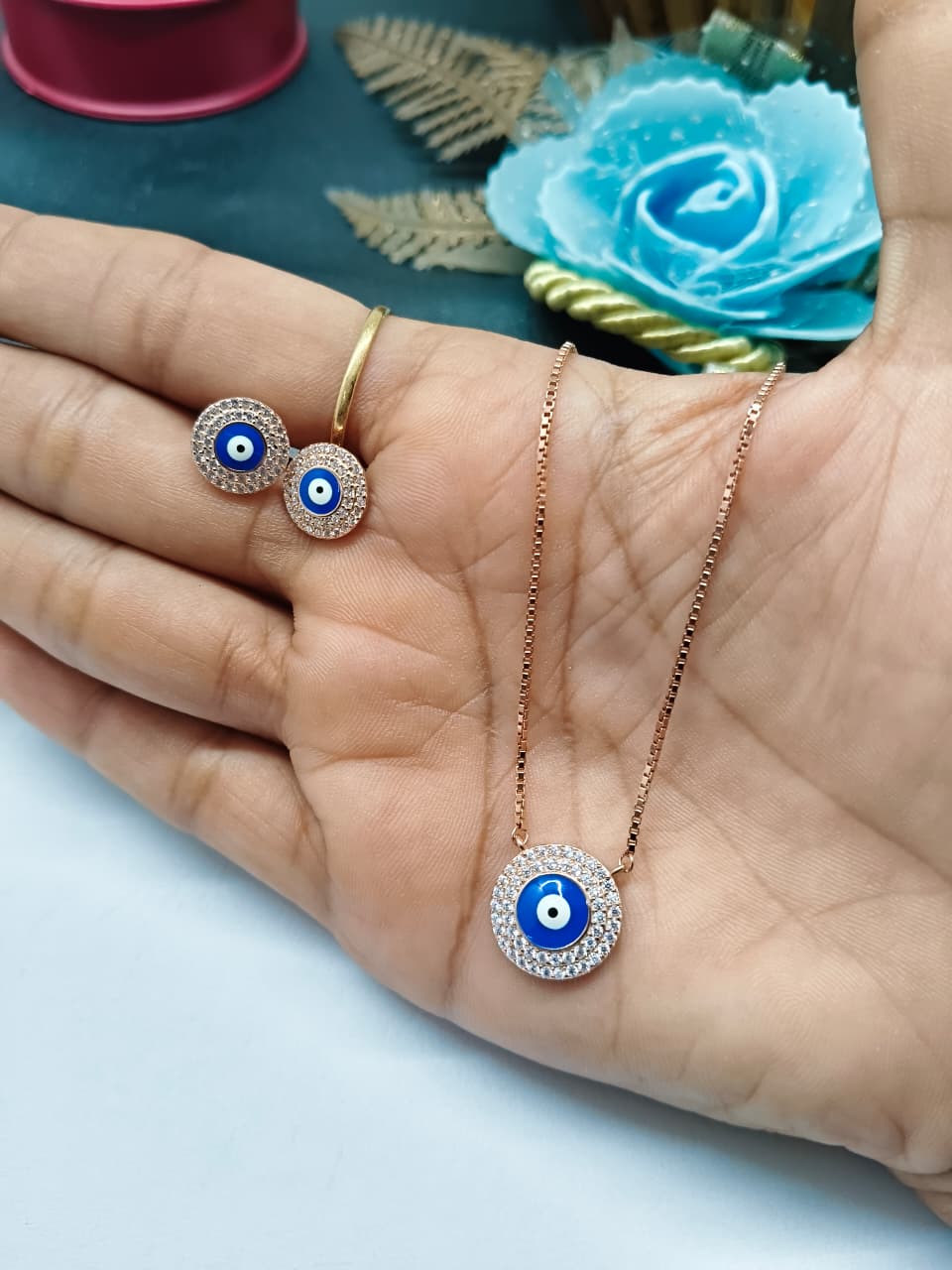 925 Silver Rose Gold Colour Evil Eye Design White Stone Necklace Set