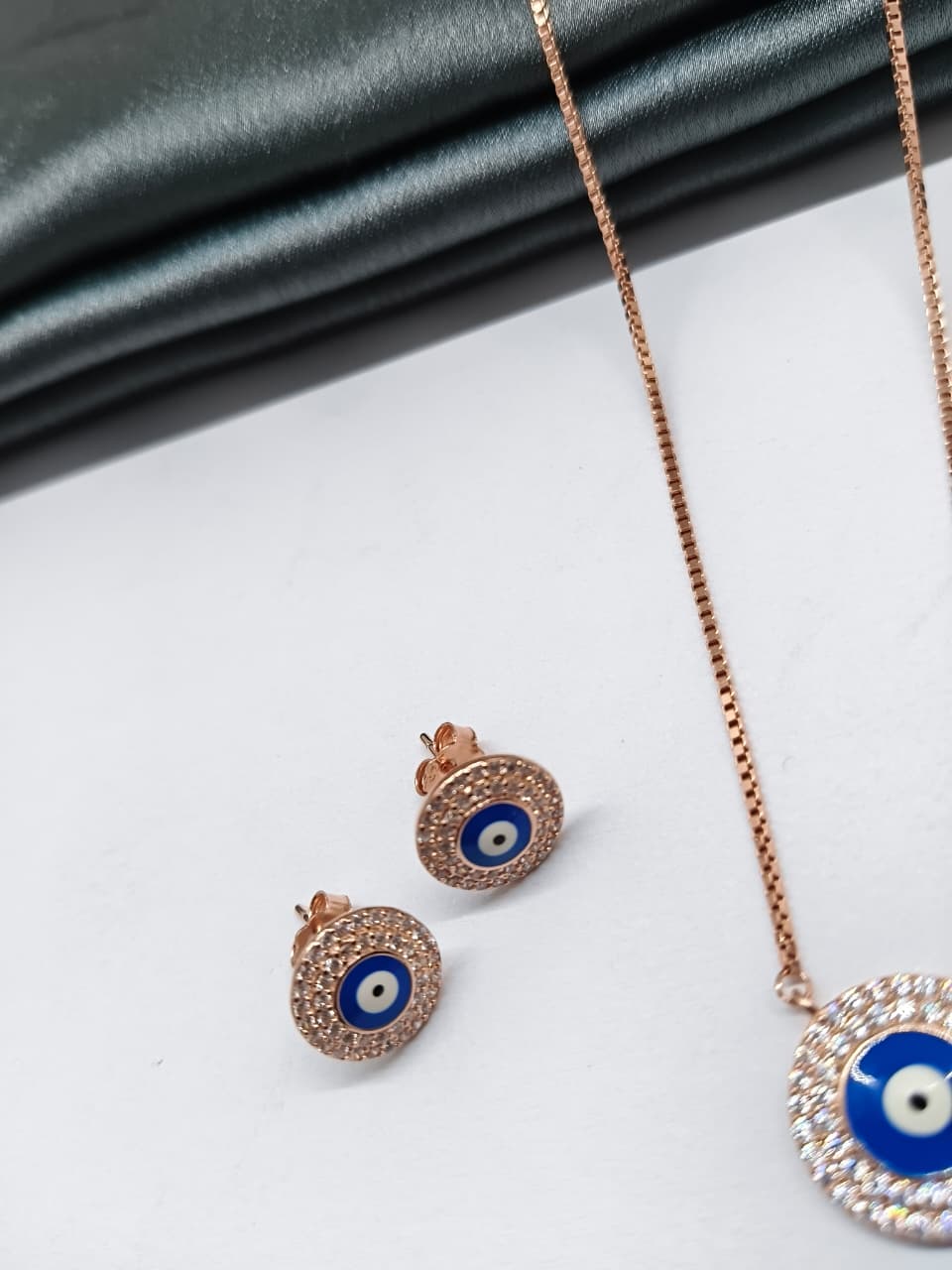 925 Silver Rose Gold Colour Evil Eye Design White Stone Necklace Set