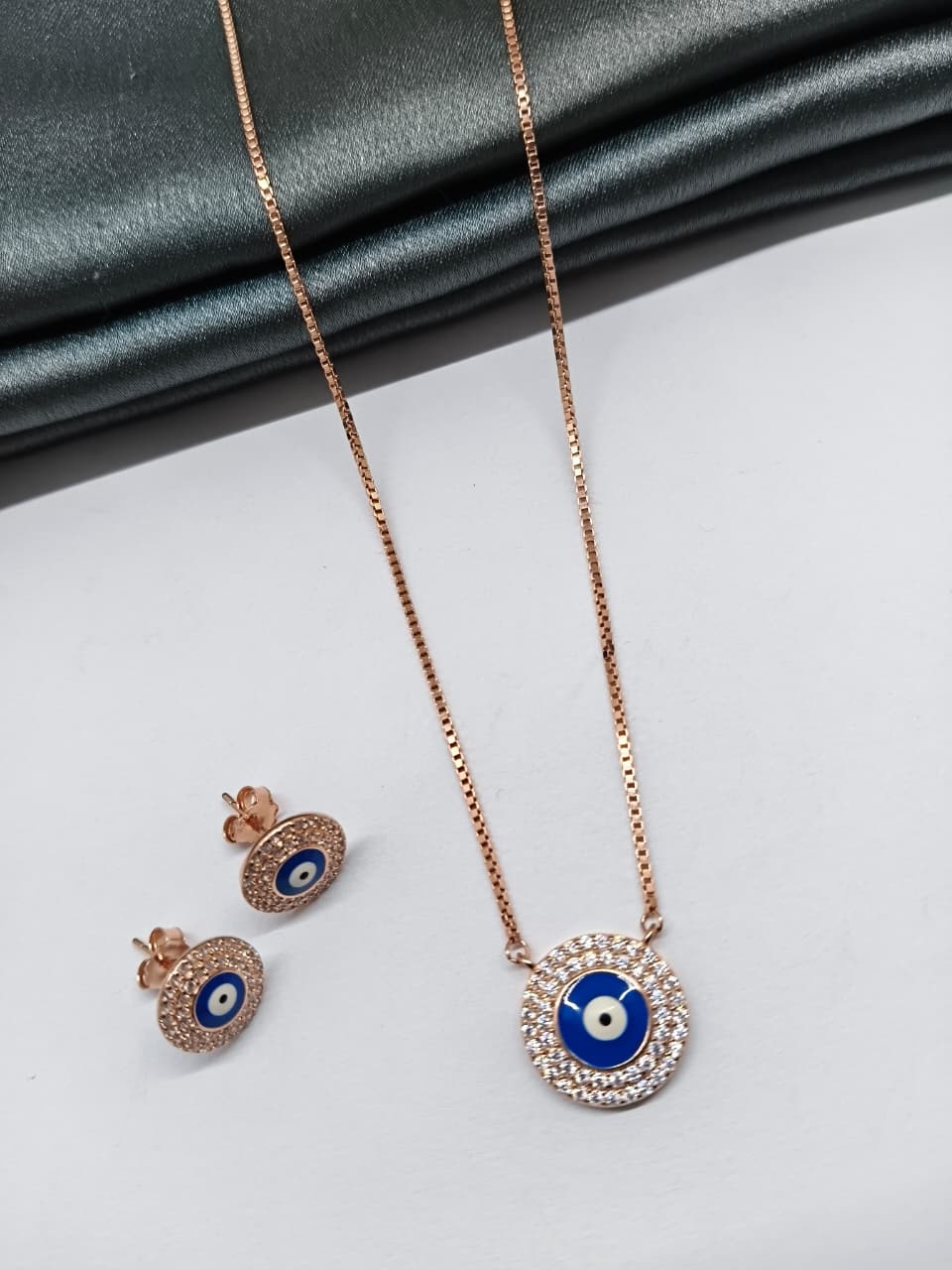 925 Silver Rose Gold Colour Evil Eye Design White Stone Necklace Set