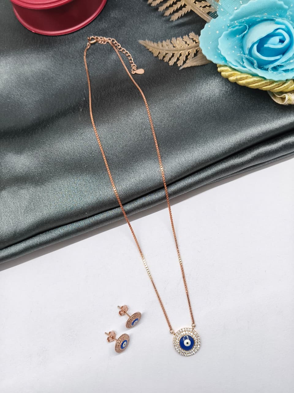 925 Silver Rose Gold Colour Evil Eye Design White Stone Necklace Set