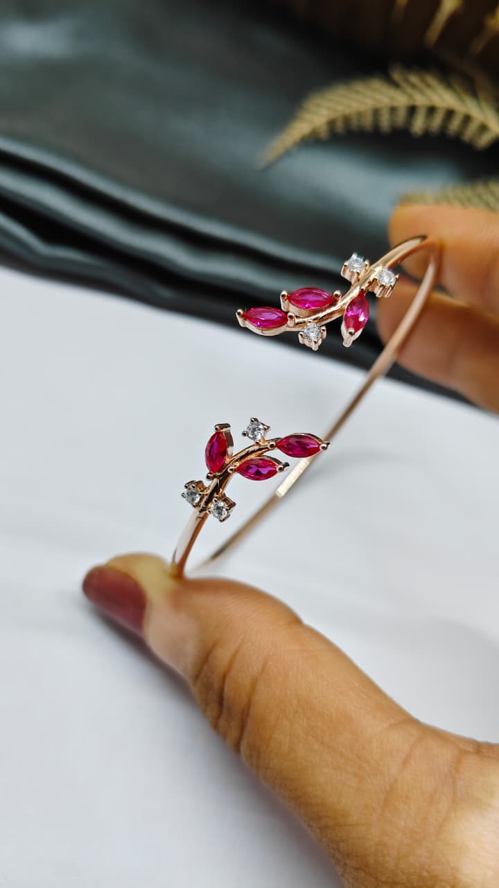 925 Silver Rose Gold Colour Double Leaf Red With White Stone Design Kada