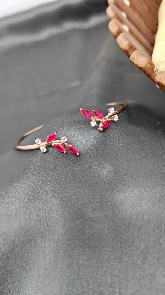 925 Silver Rose Gold Colour Double Leaf Red With White Stone Design Kada