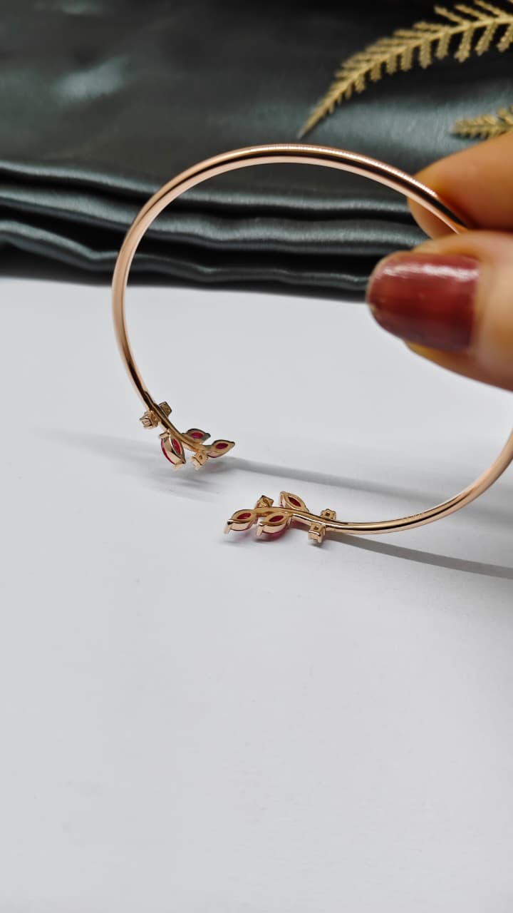 925 Silver Rose Gold Colour Double Leaf Red With White Stone Design Kada