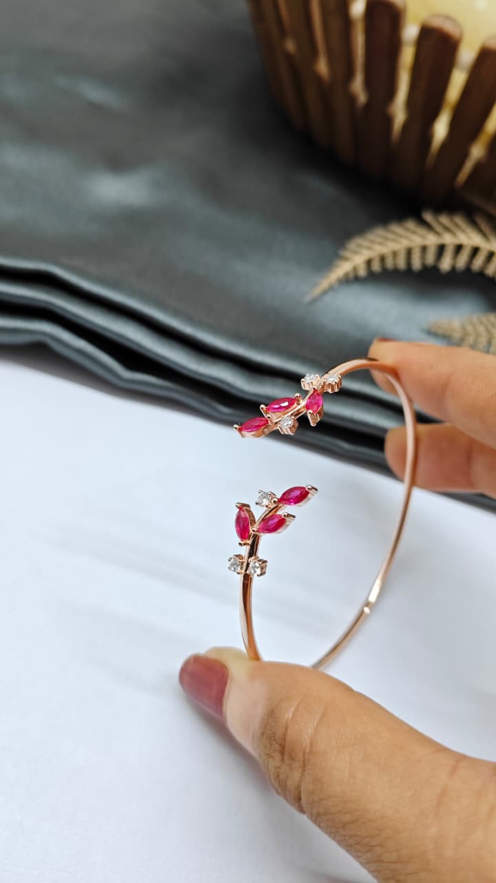 925 Silver Rose Gold Colour Double Leaf Red With White Stone Design Kada