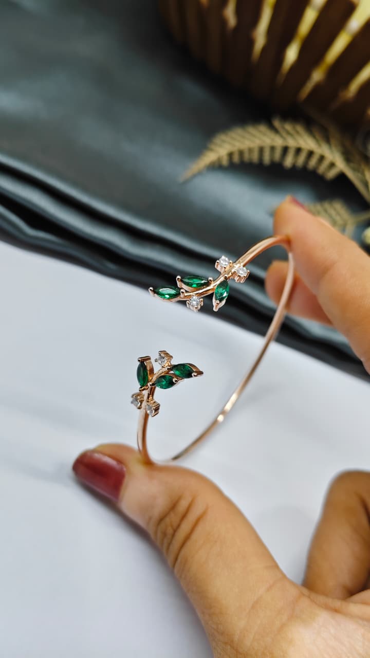 925 Silver Rose Gold Colour Double Leaf Green With White Stone Design Kada