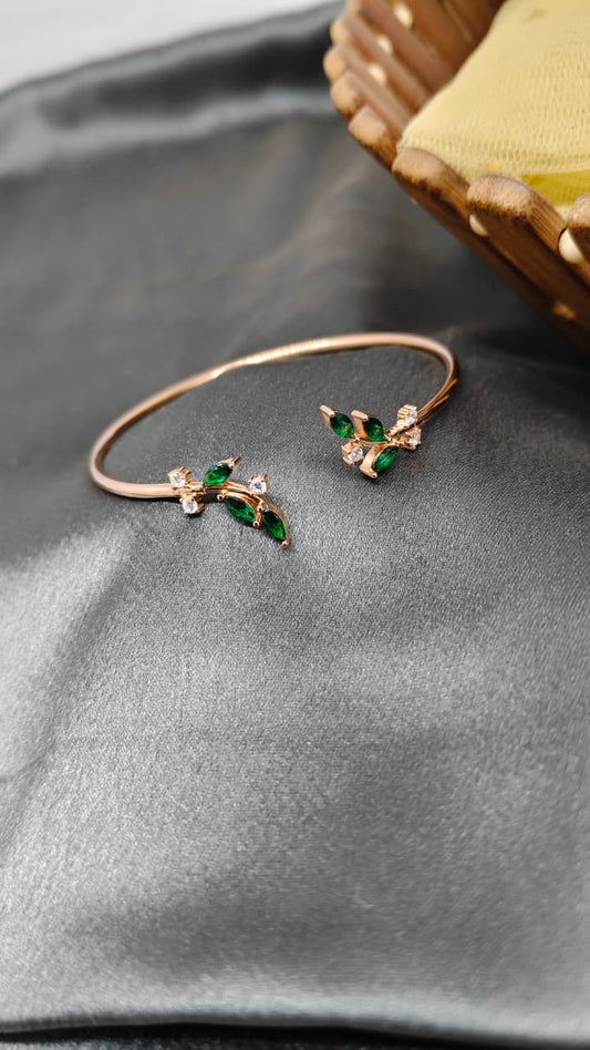 925 Silver Rose Gold Colour Double Leaf Green With White Stone Design Kada