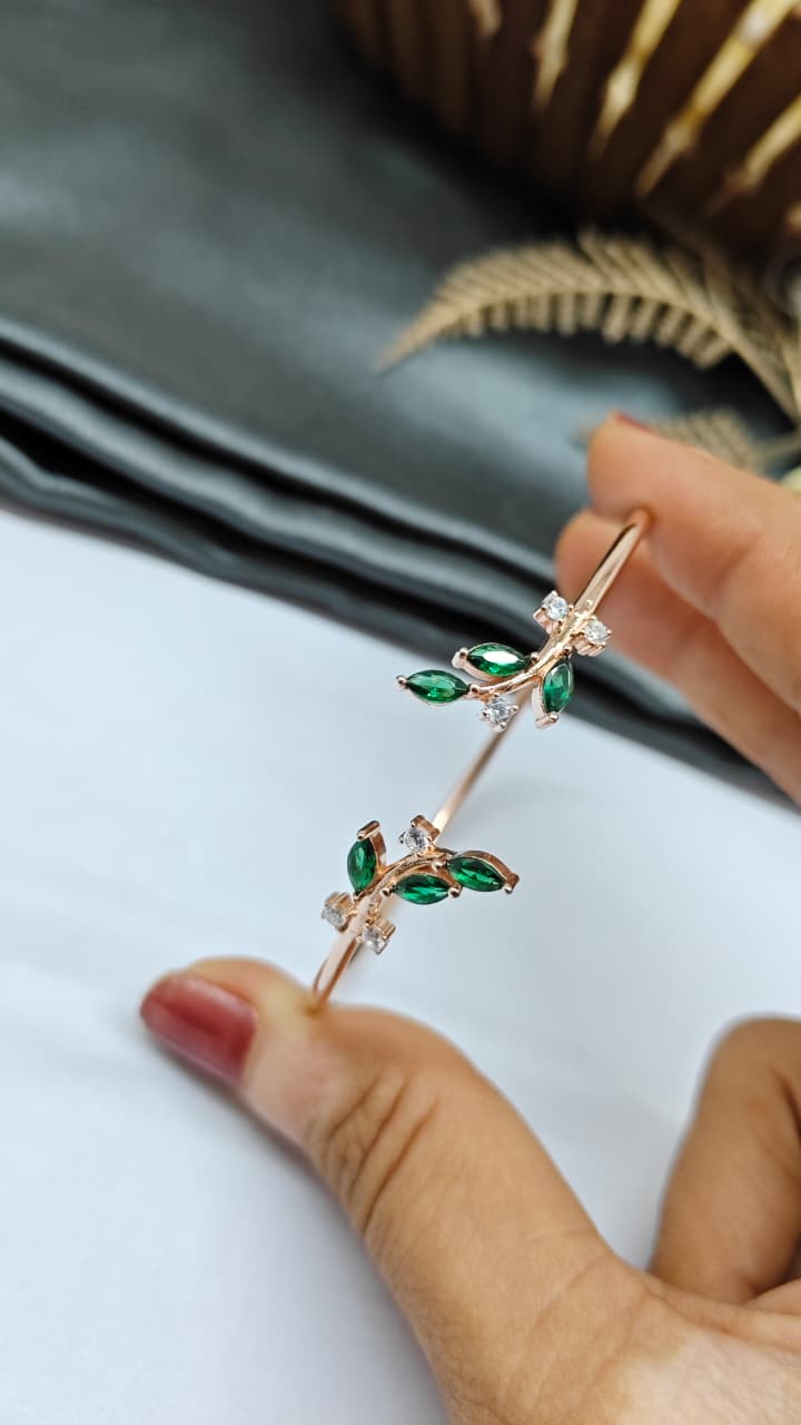 925 Silver Rose Gold Colour Double Leaf Green With White Stone Design Kada