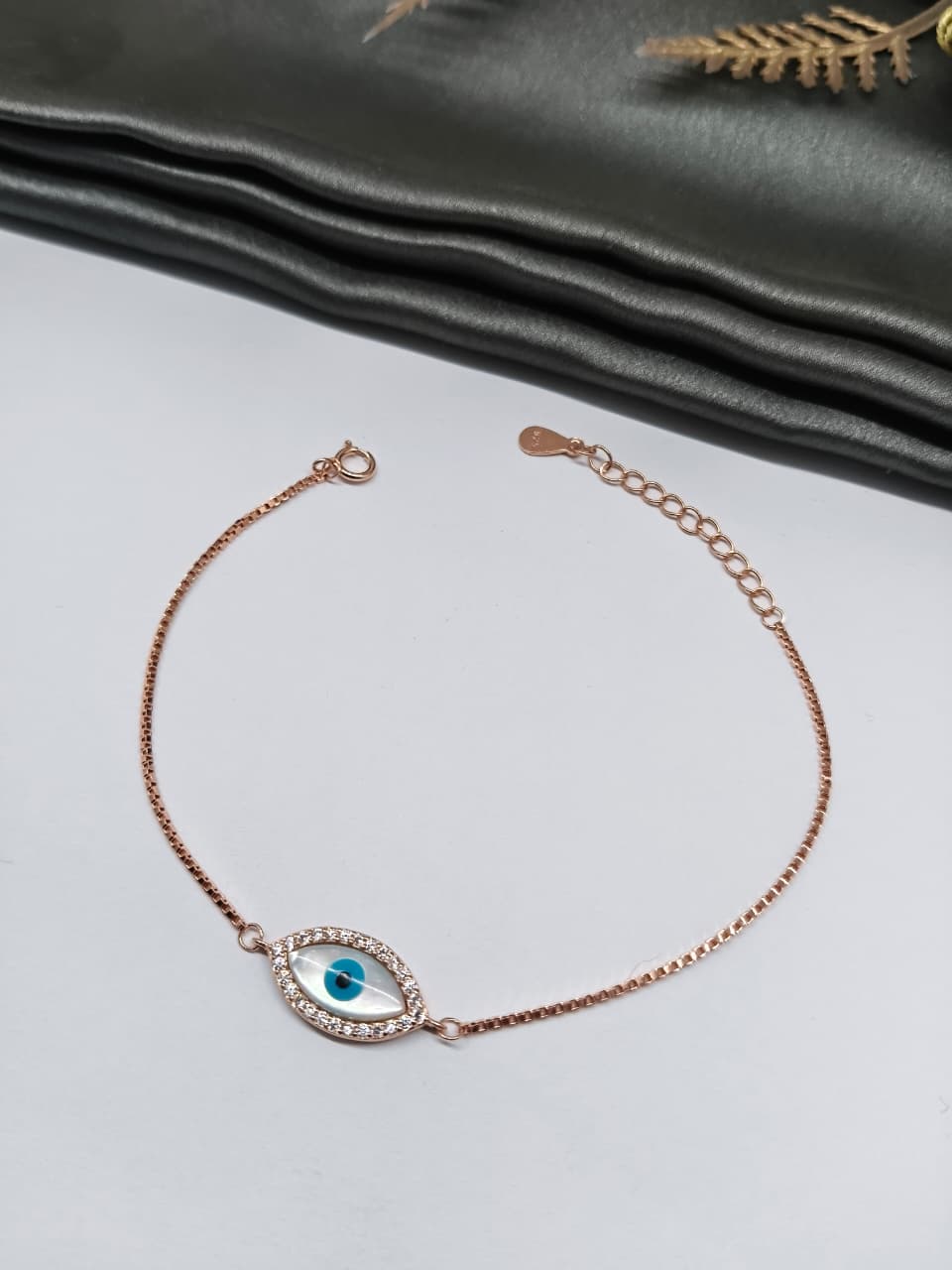 925 Silver Rose Gold Colour Oval Pattern Evil Eye Design Bracelet