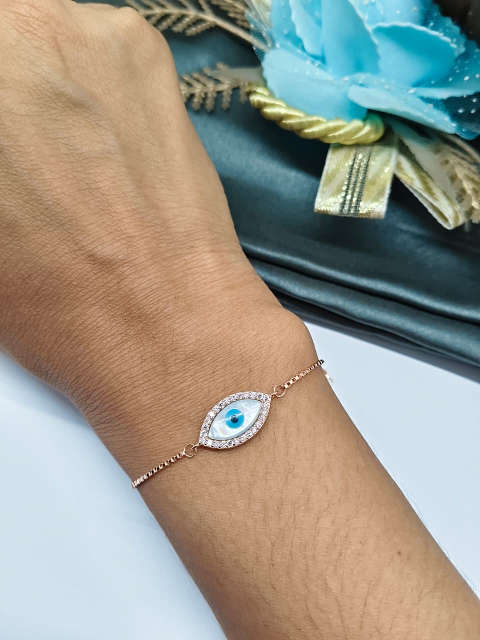 925 Silver Rose Gold Colour Oval Pattern Evil Eye Design Bracelet