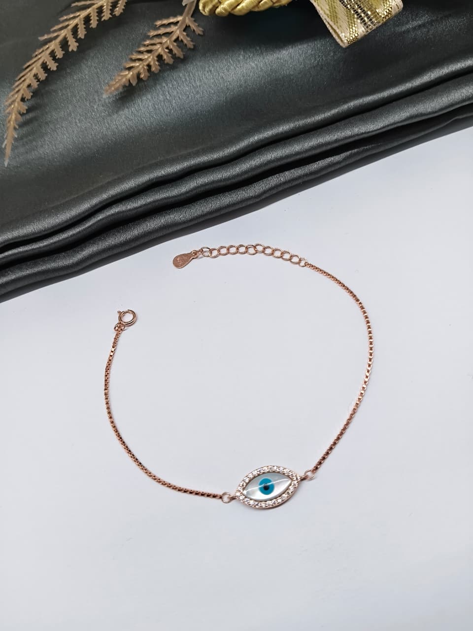 925 Silver Rose Gold Colour Oval Pattern Evil Eye Design Bracelet