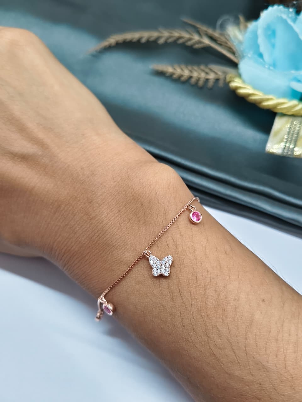 925 Silver Rose Gold Colour Butterfly Chams Hanging Red Stone Design Bracelet