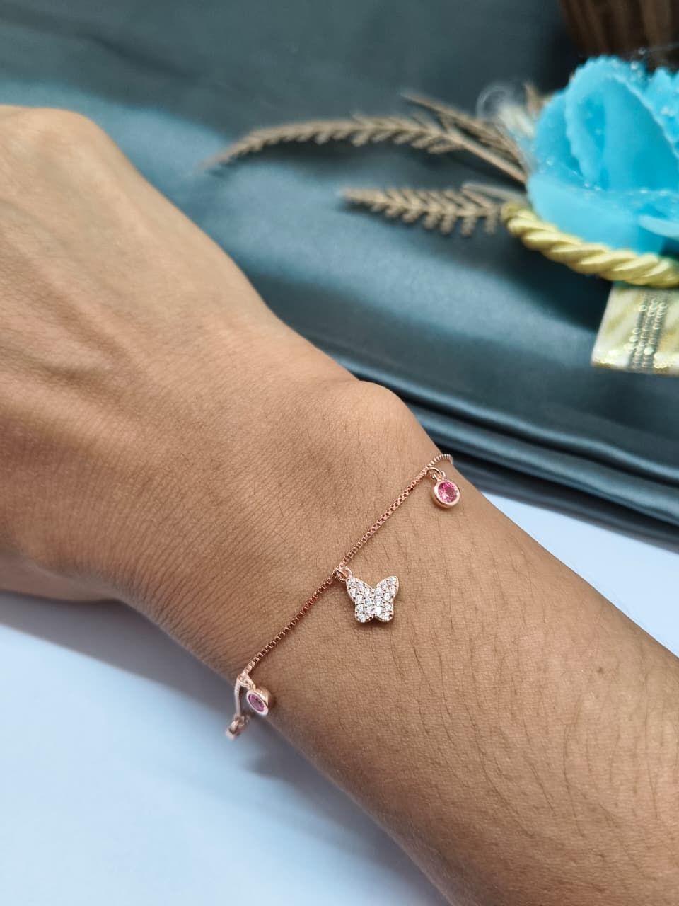 925 Silver Rose Gold Colour Butterfly Chams Hanging Red Stone Design Bracelet