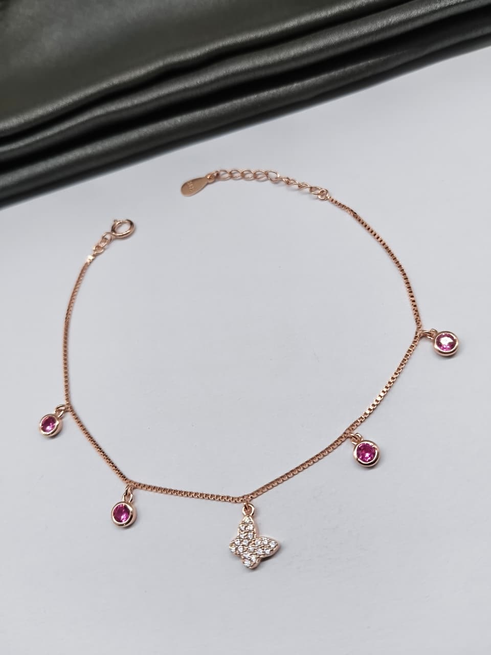925 Silver Rose Gold Colour Butterfly Chams Hanging Red Stone Design Bracelet