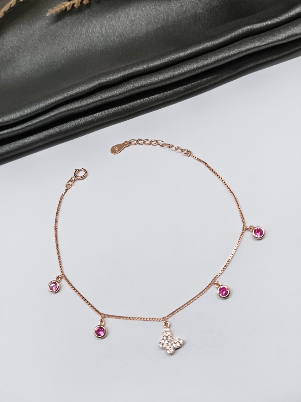 925 Silver Rose Gold Colour Butterfly Chams Hanging Red Stone Design Bracelet