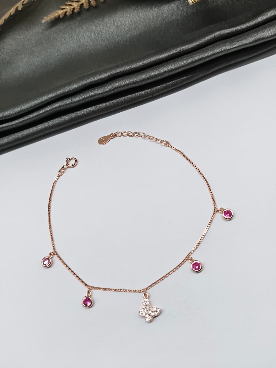 925 Silver Rose Gold Colour Butterfly Chams Hanging Red Stone Design Bracelet