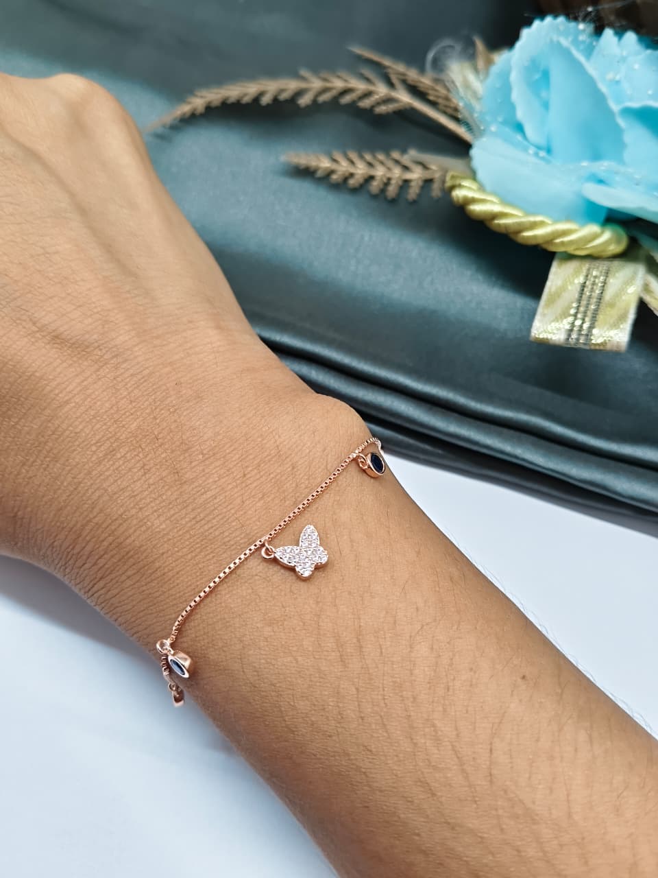 925 Silver Rose Gold Colour Butterfly Chams Hanging Blue Stone Design Bracelet