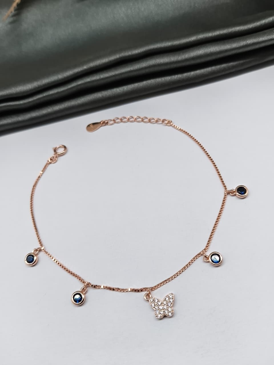 925 Silver Rose Gold Colour Butterfly Chams Hanging Blue Stone Design Bracelet
