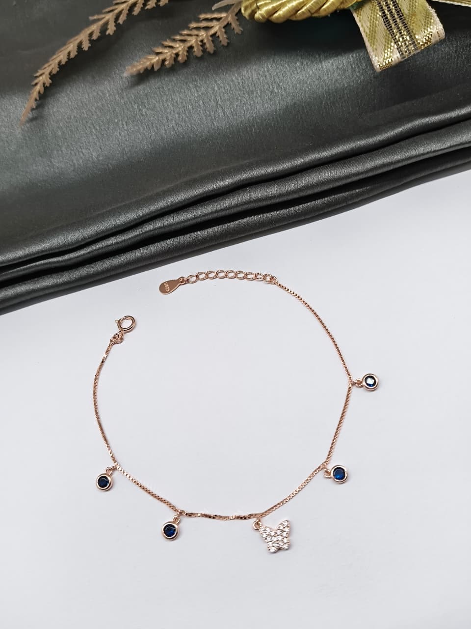 925 Silver Rose Gold Colour Butterfly Chams Hanging Blue Stone Design Bracelet