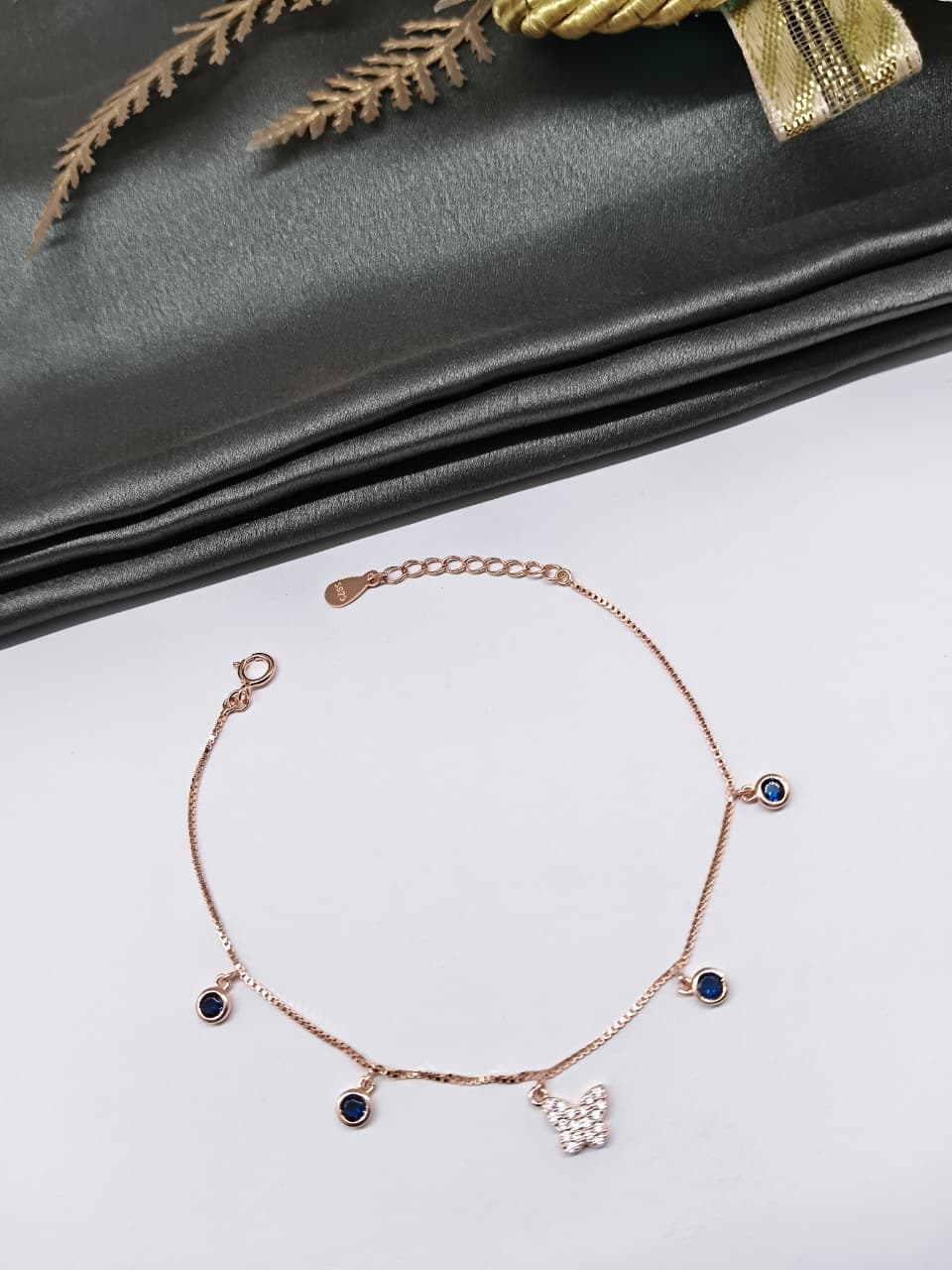 925 Silver Rose Gold Colour Butterfly Chams Hanging Blue Stone Design Bracelet