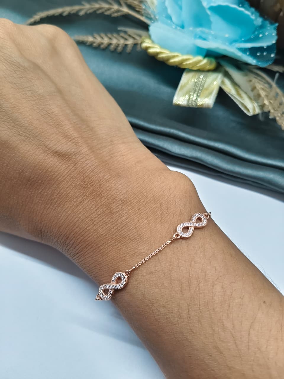 925 Silver Rose Gold Colour 4 Infinity Design White Stone Bracelet