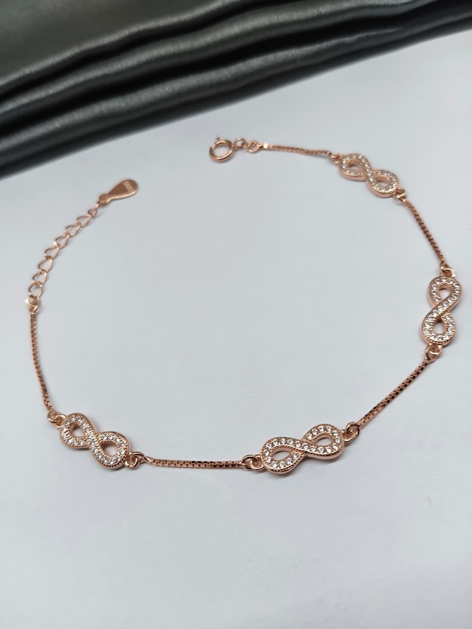 925 Silver Rose Gold Colour 4 Infinity Design White Stone Bracelet