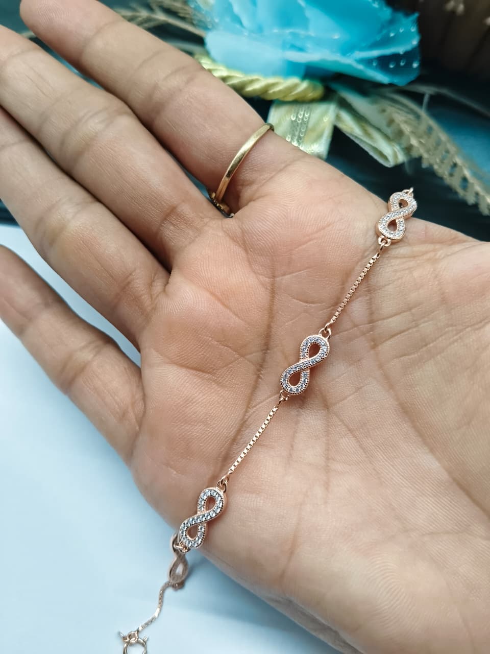 925 Silver Rose Gold Colour 4 Infinity Design White Stone Bracelet