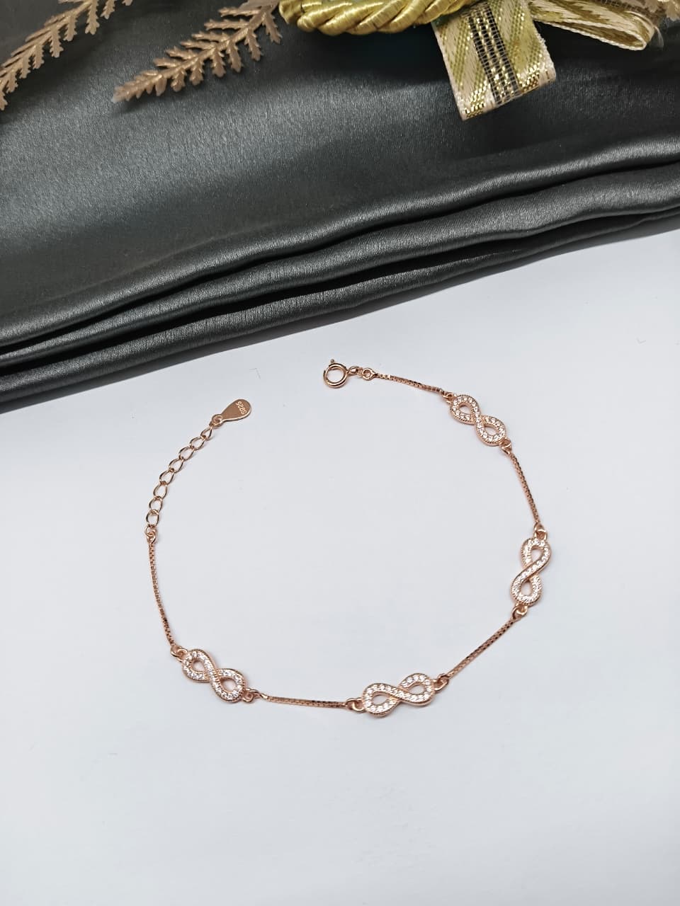 925 Silver Rose Gold Colour 4 Infinity Design White Stone Bracelet