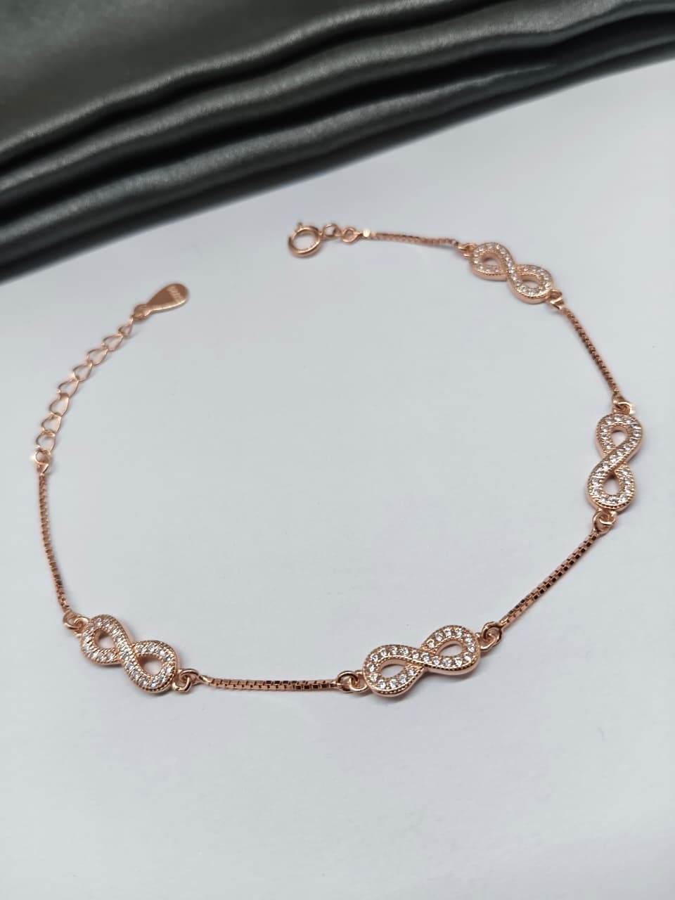 925 Silver Rose Gold Colour 4 Infinity Design White Stone Bracelet