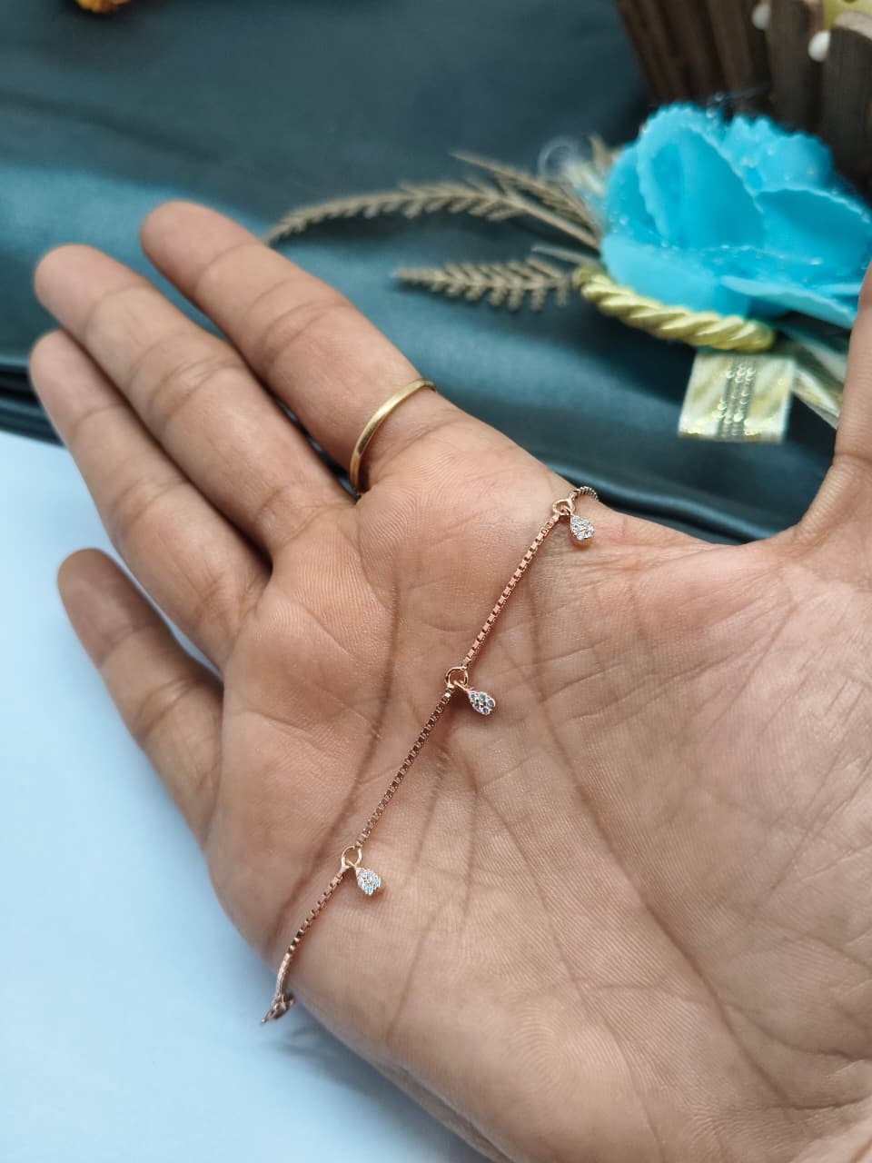925 Silver Rose Gold Colour Chams Hanging White Stone Design Bracelet
