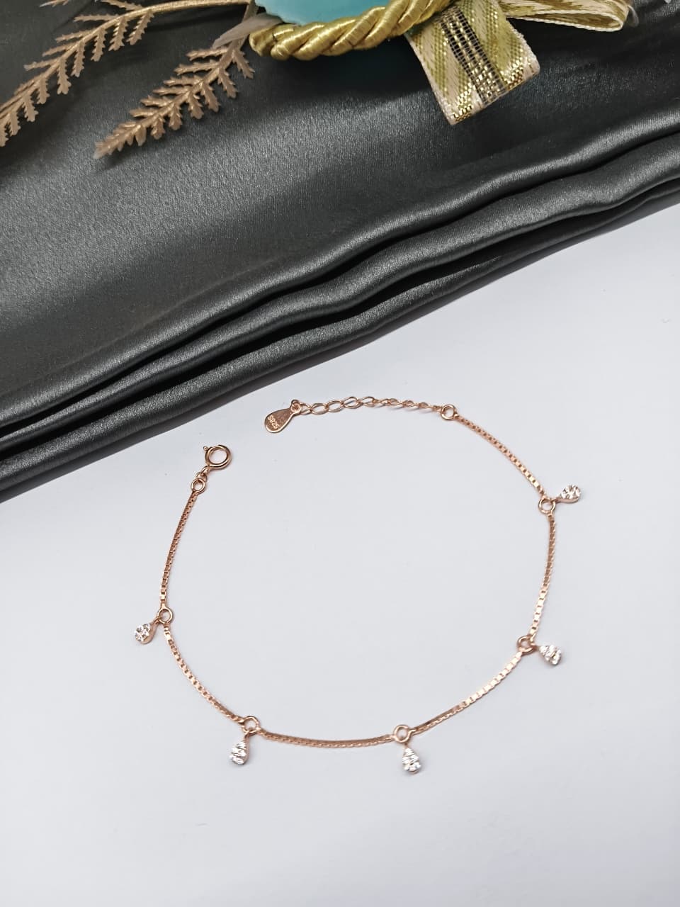 925 Silver Rose Gold Colour Chams Hanging White Stone Design Bracelet