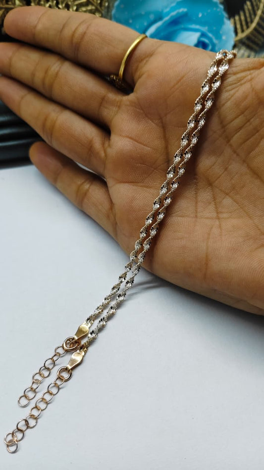 925 Silver Two Tone Layer Rose Gold-Silver Colour Twisted Design Anklet Pair
