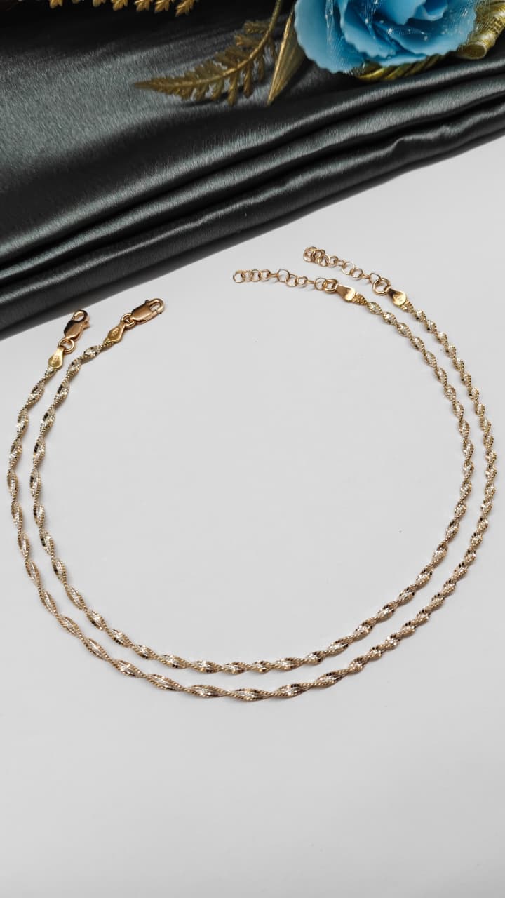 925 Silver Two Tone Layer Rose Gold-Silver Colour Twisted Design Anklet Pair