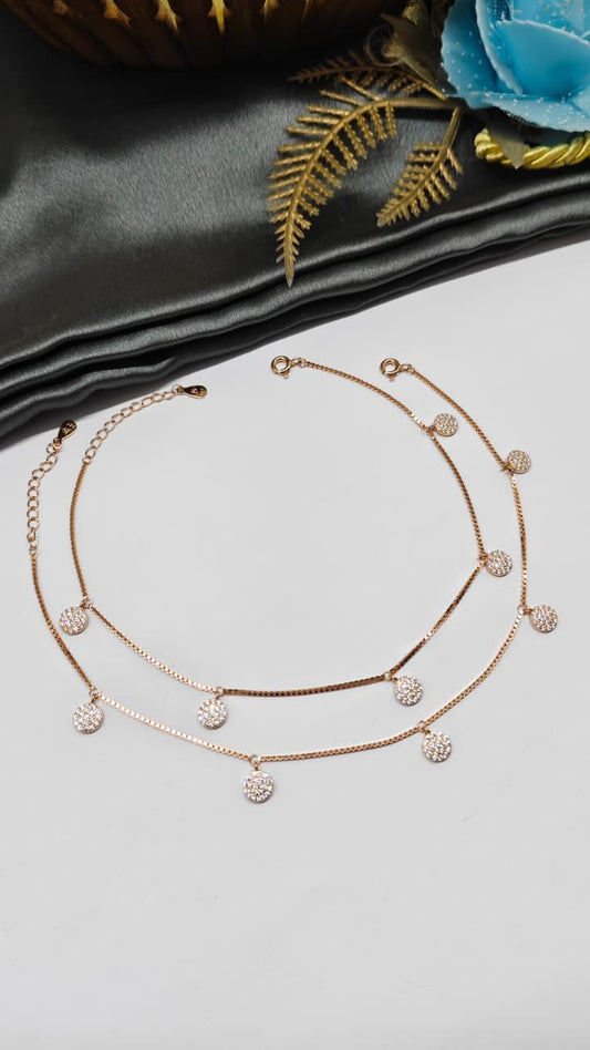 925 Silver Rose Gold Colour 5 Hanging Design With White Stone Anklets