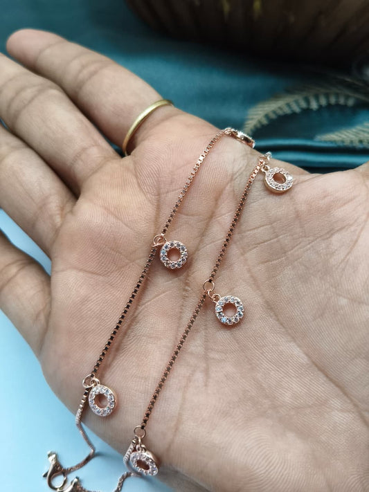 925 Silver Rose Gold Colour 5 Round Hanging Design With White Stone Anklets