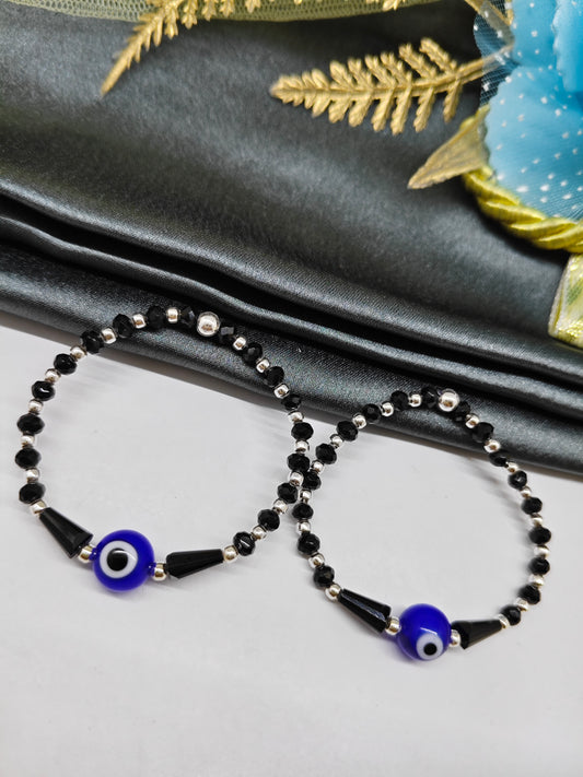 925 Silver Kids Nazariya Silver Beads With Black Beads Single Evil Eye In Plastic Stretchable Anklet\Bracelet Pair