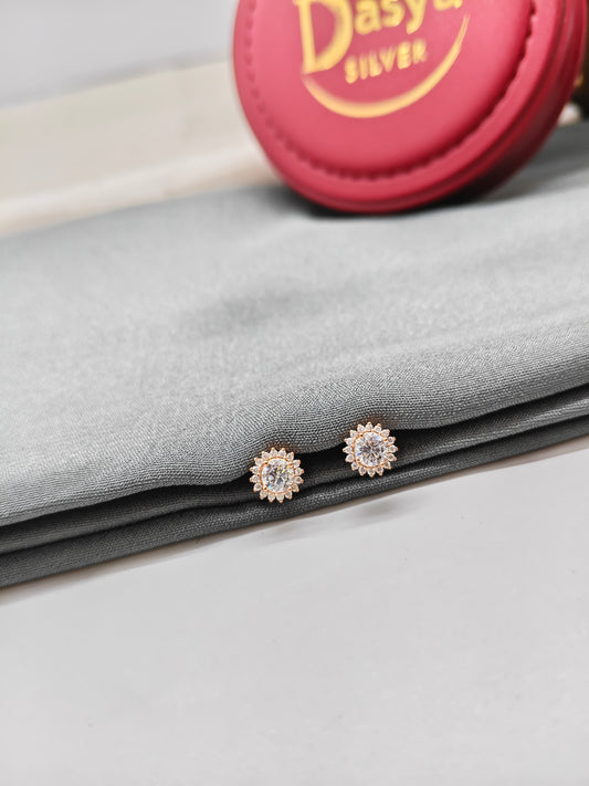 925 Silver Rose Gold Small Flower Design Multiple White Stone Earrings