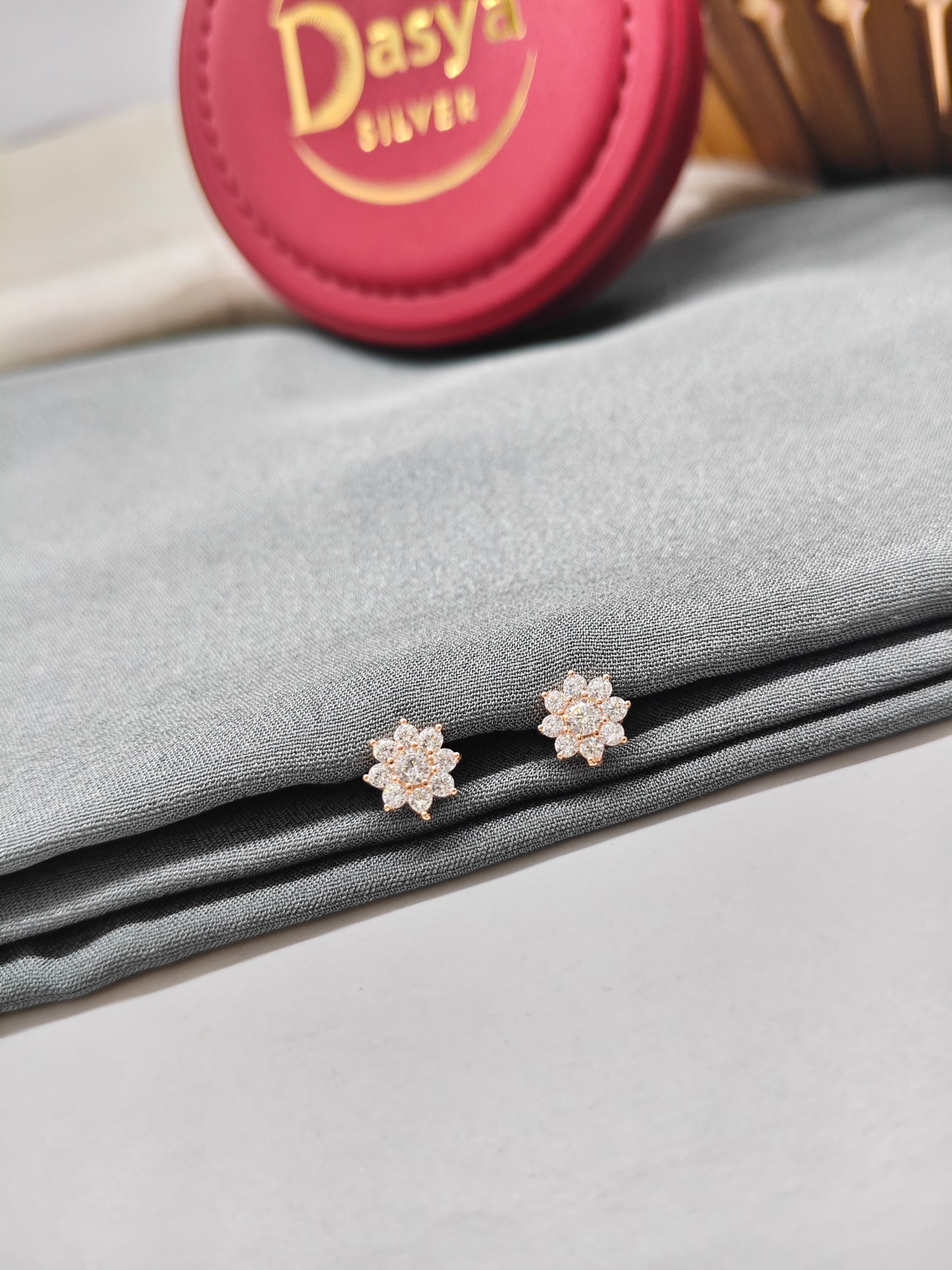 925 Silver Rose Gold Small Flower Design 1 With 8 White Stone Earrings