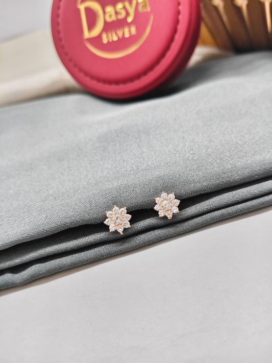 925 Silver Rose Gold Small Flower Design 1 With 8 White Stone Earrings